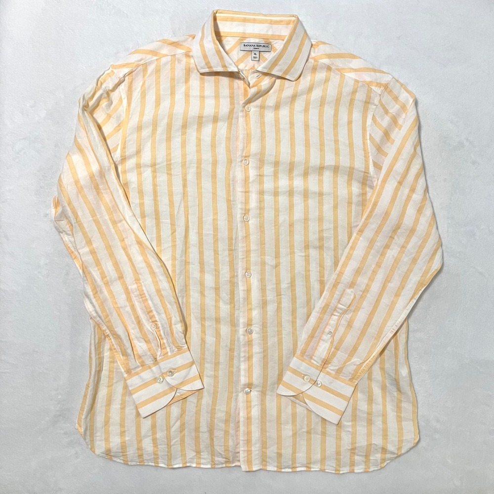 Banana Republic Slim Fit Linen Cotton Striped Shirt Men's Size XL Yellow Orange